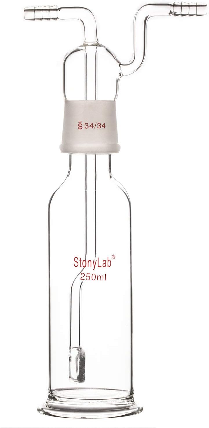 stonylab Gas Washing Bottle, Borosilicate Glass 34/34 Stopper Gas Bubbler Gas Washing Bottle with Fritted Disc and 8 mm OD Inlet/Outlet Hoses, 250 ml Pack of 2