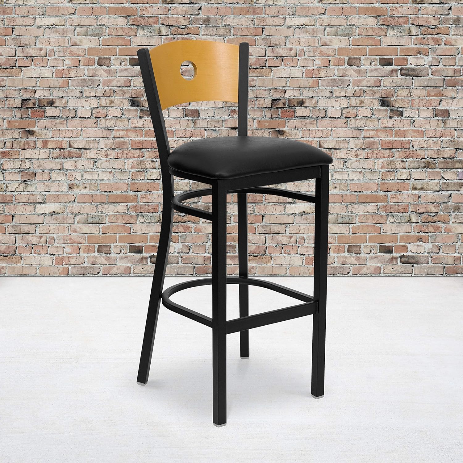 Flash Furniture HERCULES Series Black Circle Back Metal Restaurant Barstool - Natural Wood Back, Black Vinyl Seat