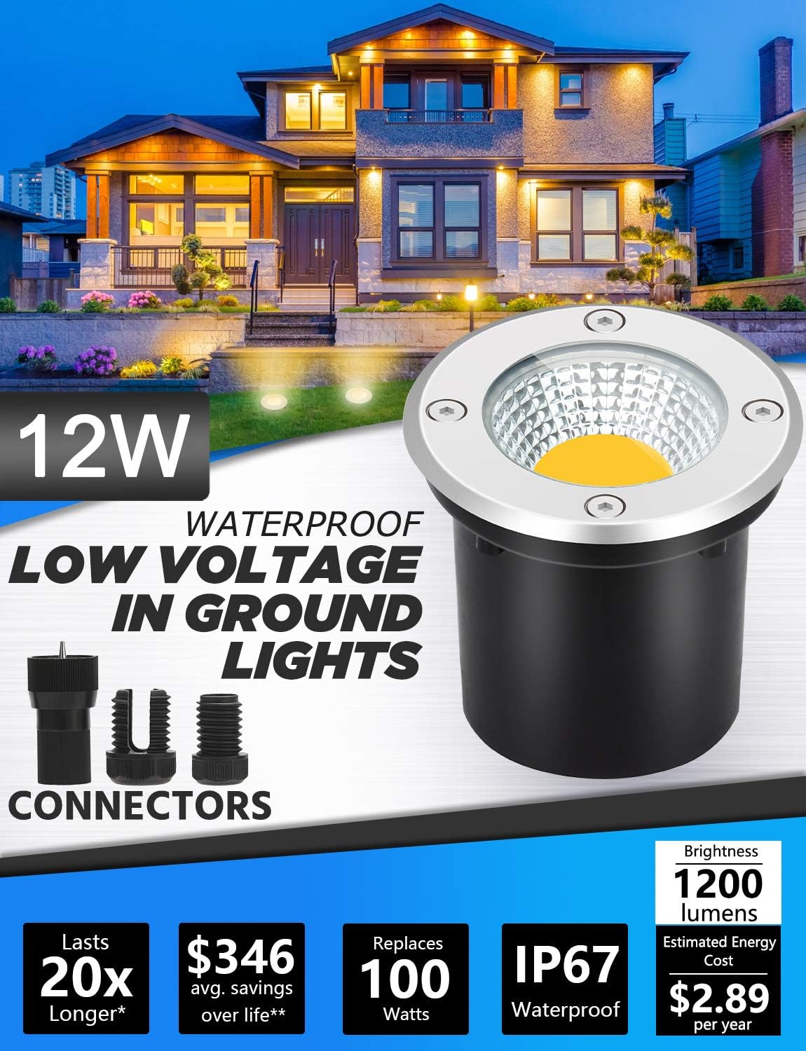 SUNVIE Low Voltage Landscape Lights with Wire Connectors 12W LED Well Lights IP67 Waterproof Outdoor In-Ground Lights 12V-24V Warm White Pathway Garden Lights for Driveway Deck (10 Pack & Connectors)