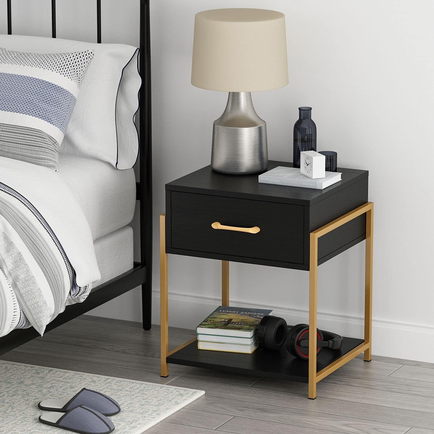 FAMAPY Nightstand Set of 2 with Drawers End Table, Modern Industrial Bedside Table with Metal Frame Side Table for Bedroom Black (17.7&rdquo;L x 15.7&rdquo;W x 22.8&rdquo;H)