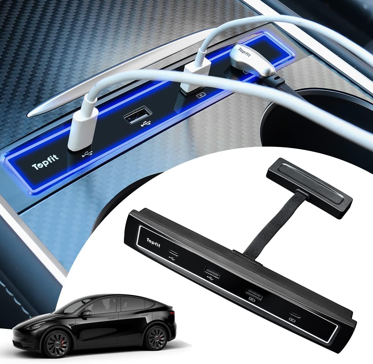 ShowEv Tesla Model Y/3 USB Hub Port Adapter,Center Console Docking Station Organizer for 2021 2022 Tesla Model 3/Y Pack of 2