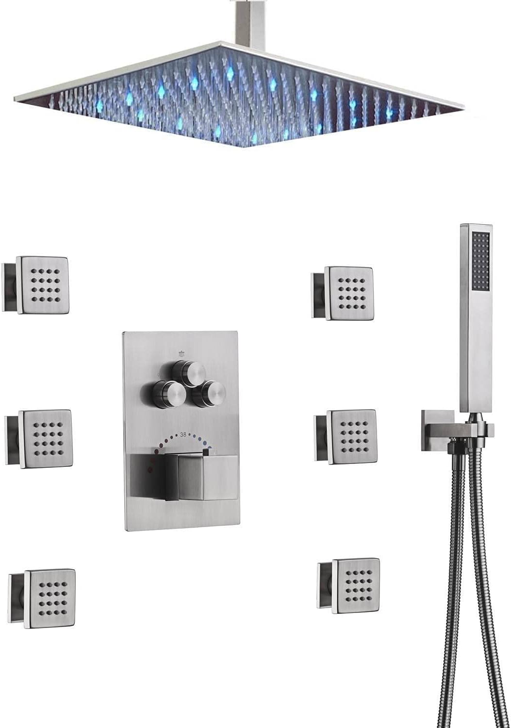 Brushed Nickel Ceiling Mount 16 Inch LED Light Rainfall Shower Head 3 Way Thermostatic Shower Faucet with 6 Body Jets Each Function Work All Together and Separately