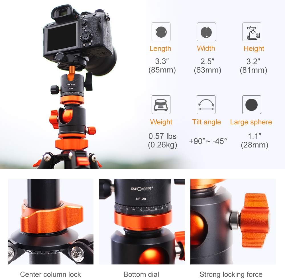 K&F Concept 72 Inch Camera Tripod, S211 Transverse Center Column Aluminium Professional DSLR Tripod with 360 Degree Ball Head,Quick Release Plate,Detachable Monopod 10kg Load for Travel and Work