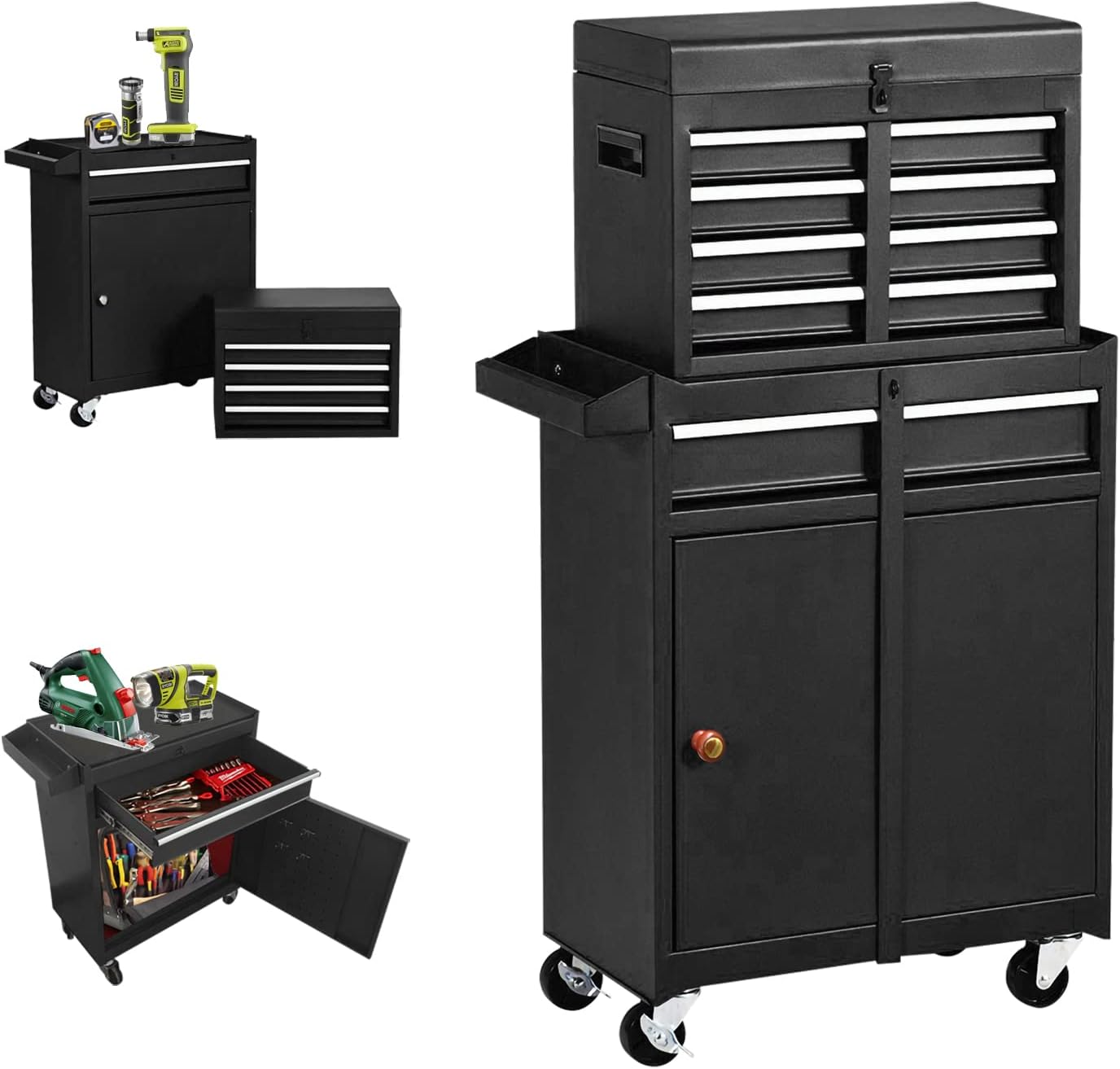 5-Drawer Big Rolling Tool Chest Organizers,Removable Tool Storage Cabinet and Top Chest with Drawers and Lock,Portable Tool Box with Wheels for Warehouse,Garage,Repair Shop (Black)