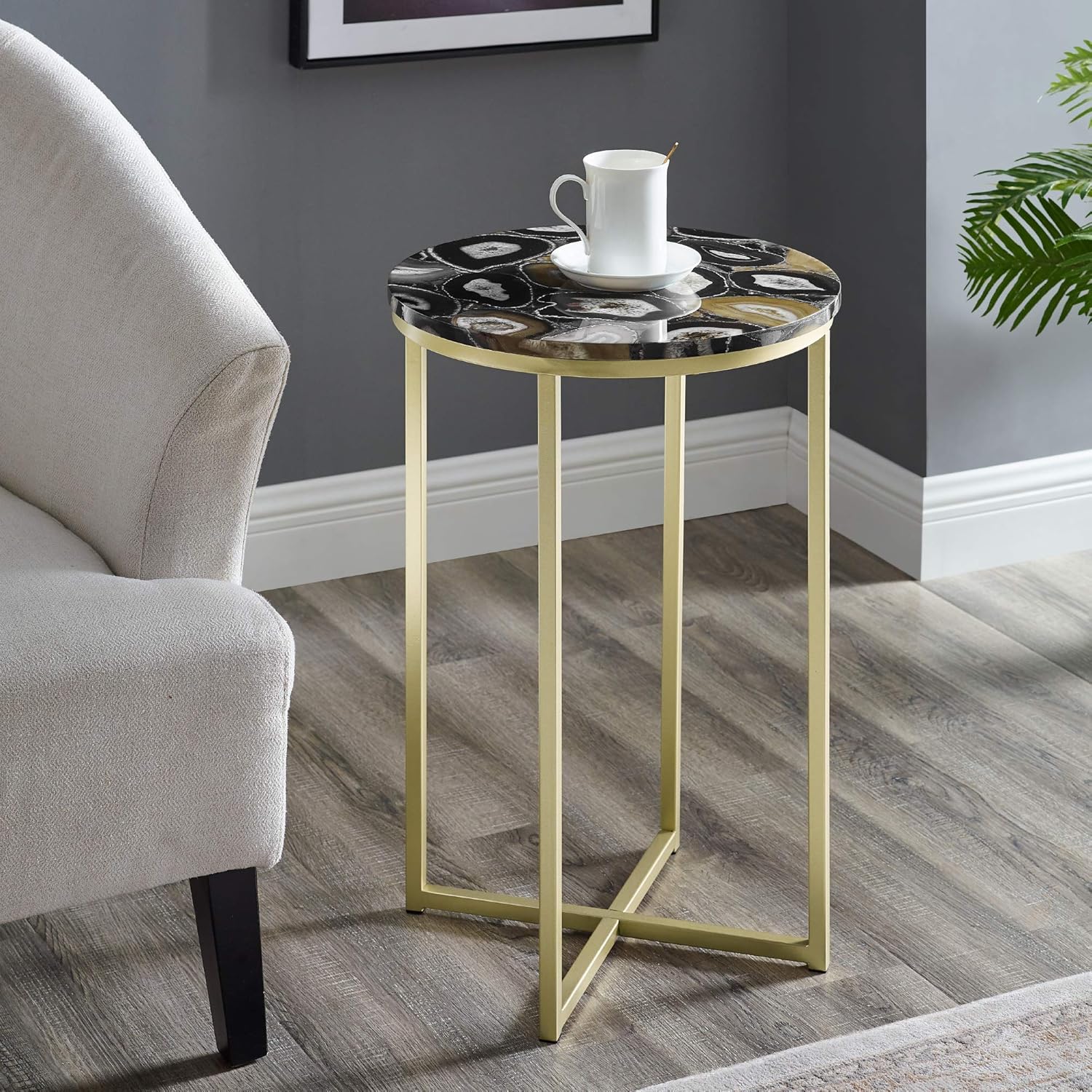 Walker Edison Modern Metal and Marble Round Side Accent Table Living Room Storage Small End Table, 16 Inch, Blacke Agate and Gold