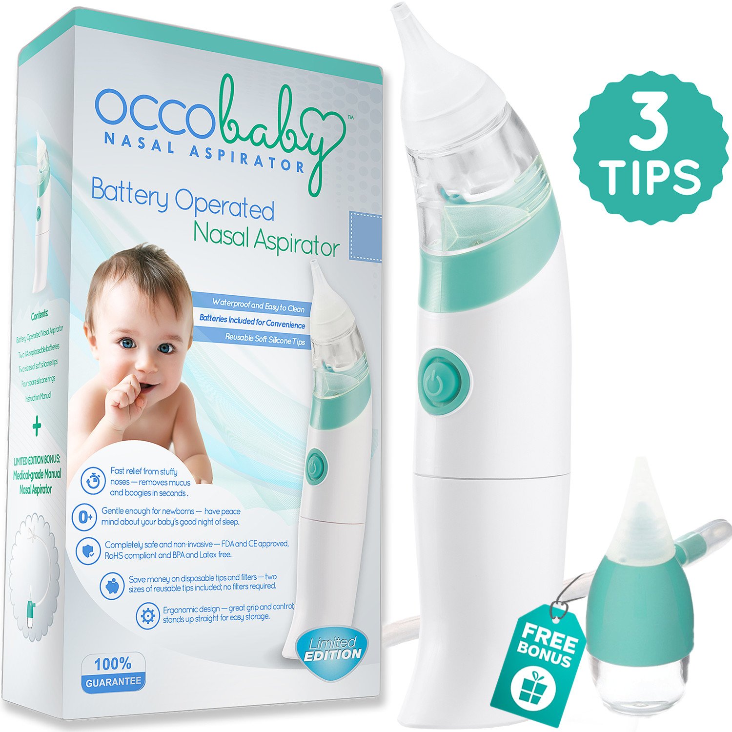 OCCObaby Baby Nasal Aspirator - Safe Hygienic and Quick Battery Operated Nose Cleaner with 3 Sizes of Nose Tips Includes Bonus Manual Nose Sucker for Newborns and Toddlers (Limited Edition) Pack of 2