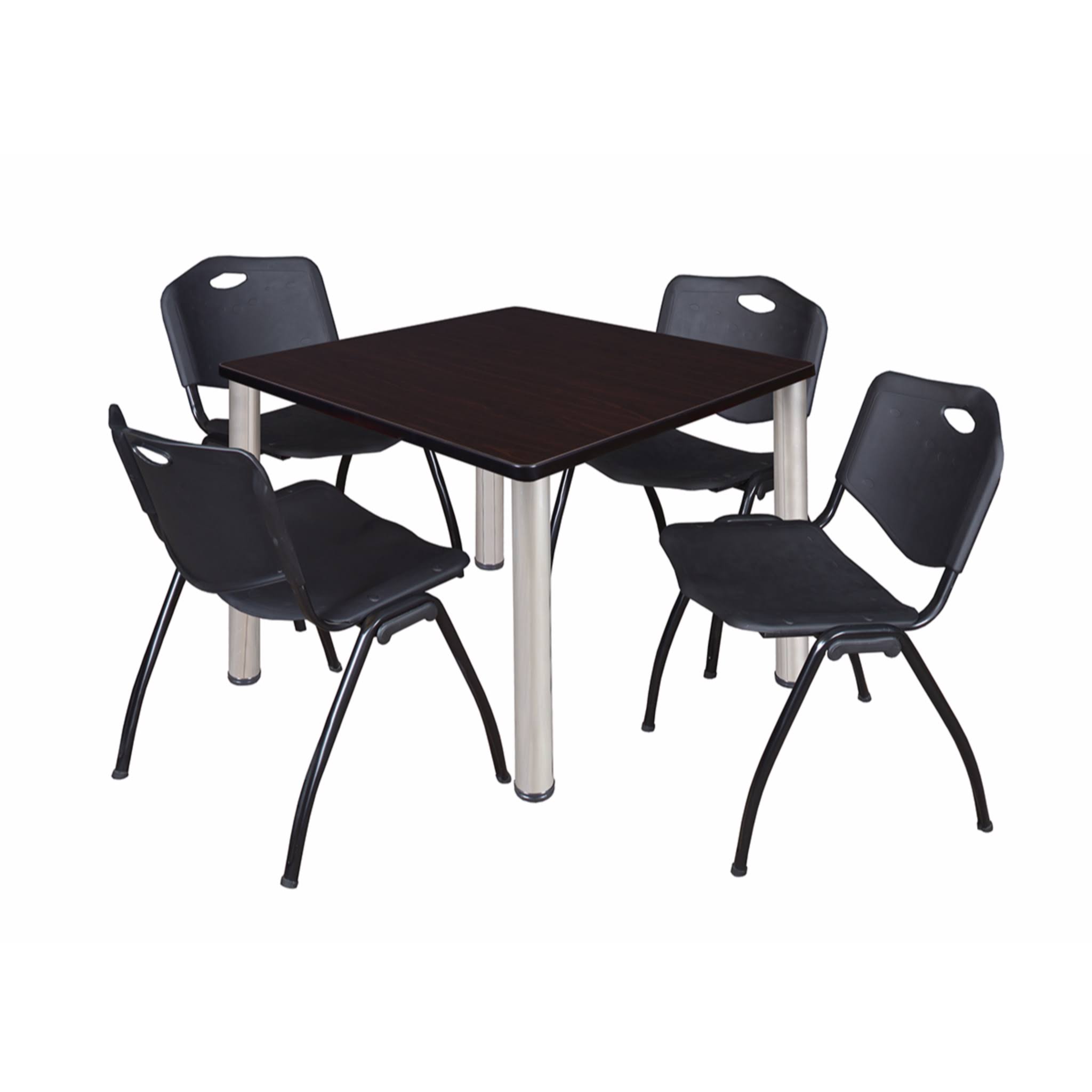 Kee 36x22 Square Breakroom Table- Mocha Walnut/ Chrome u0026 4 &M& Stack Chairs- Black