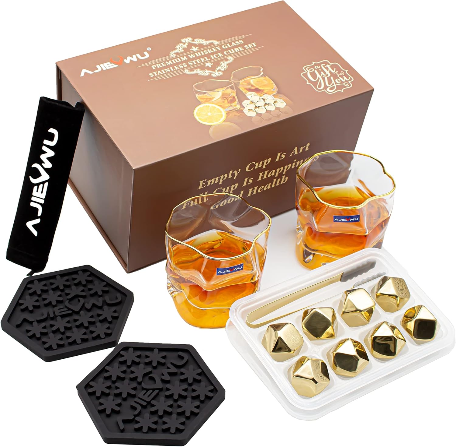 Whiskey Stones Gift Set - Whiskey Rocks Ice Cubes Whiskey Chilling Stones for Men 2 Whiskey Glasses, 6 Reusable Stainless Steel Ice Cubes Present for Men Boyfriend Anniversary Retirement (Gold) Pack of 2