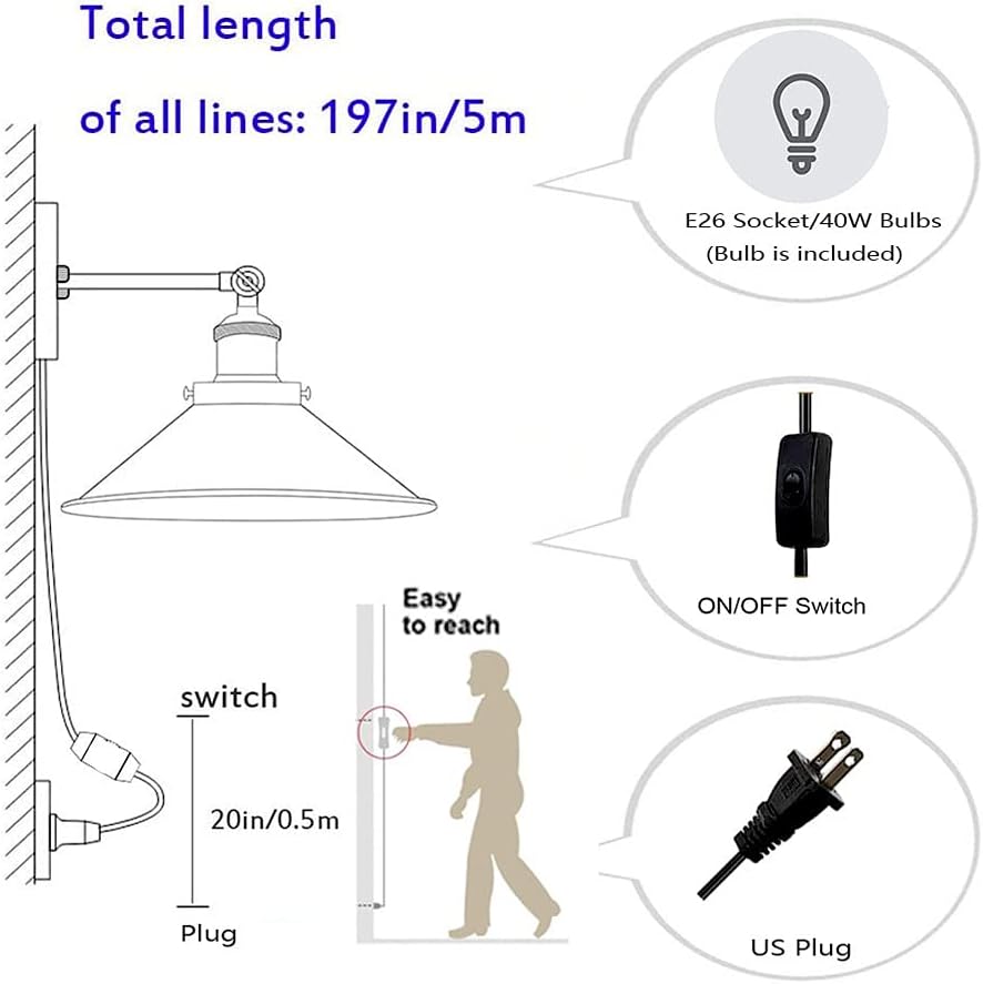 2 Pack Golden Socket Metal Wall Lighting White Glass Global Wall Lamp Industrial Wall Sconces Plug in Cord for Bedroom Bedside Decoration