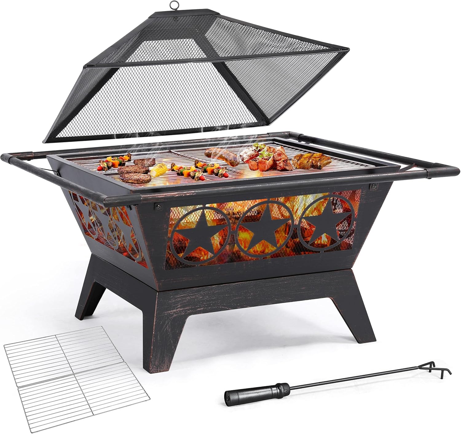 Yaheetech Fire Pit 32in Fire Pits for Outside Outdoor Fireplace Large Square Wood Burning Fire Pit Heavy Duty for Patio BBQ Camping Bonfire with Spark Screen, Mesh Cover, Poker