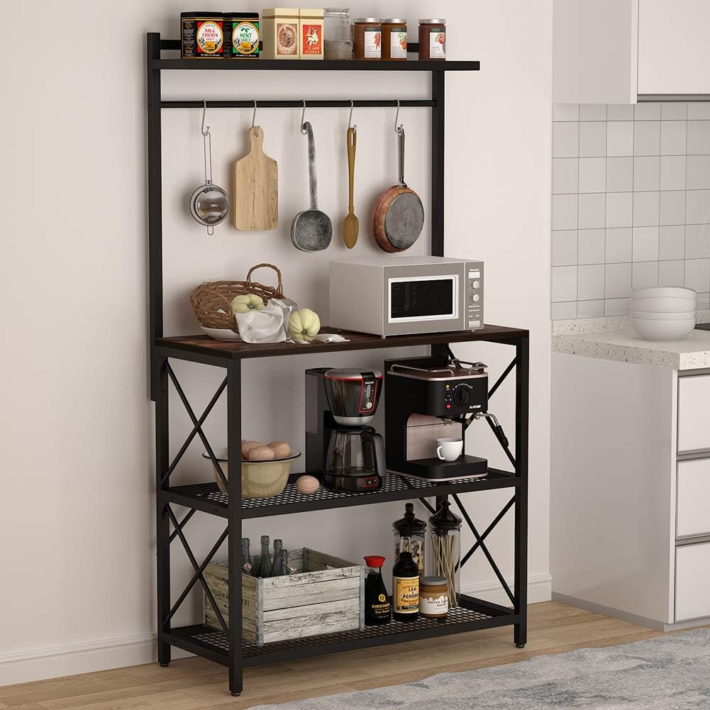 Tribesigns Industrial Kitchen Baker&rsquo;s Rack, 4-Tier Utility Storage Shelf, Microwave Oven Stand Rack with 5 Hooks, Floor Standing Spice Rack Organizer Workstation, Vintage