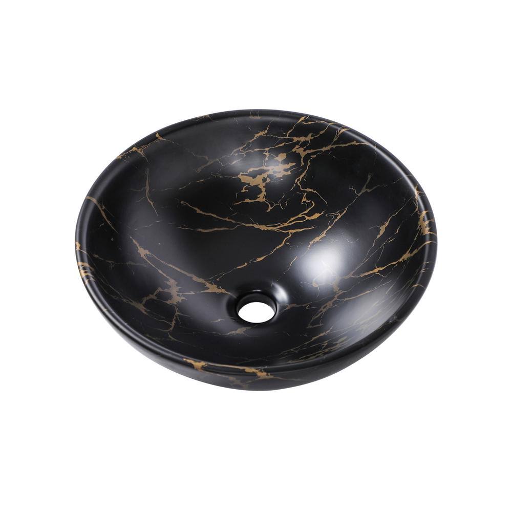 Boyel Living 16 in. W x 16 in. D x 6 in. H Black with Irregular Yellow Veins Ceramic Round Vessel Sink