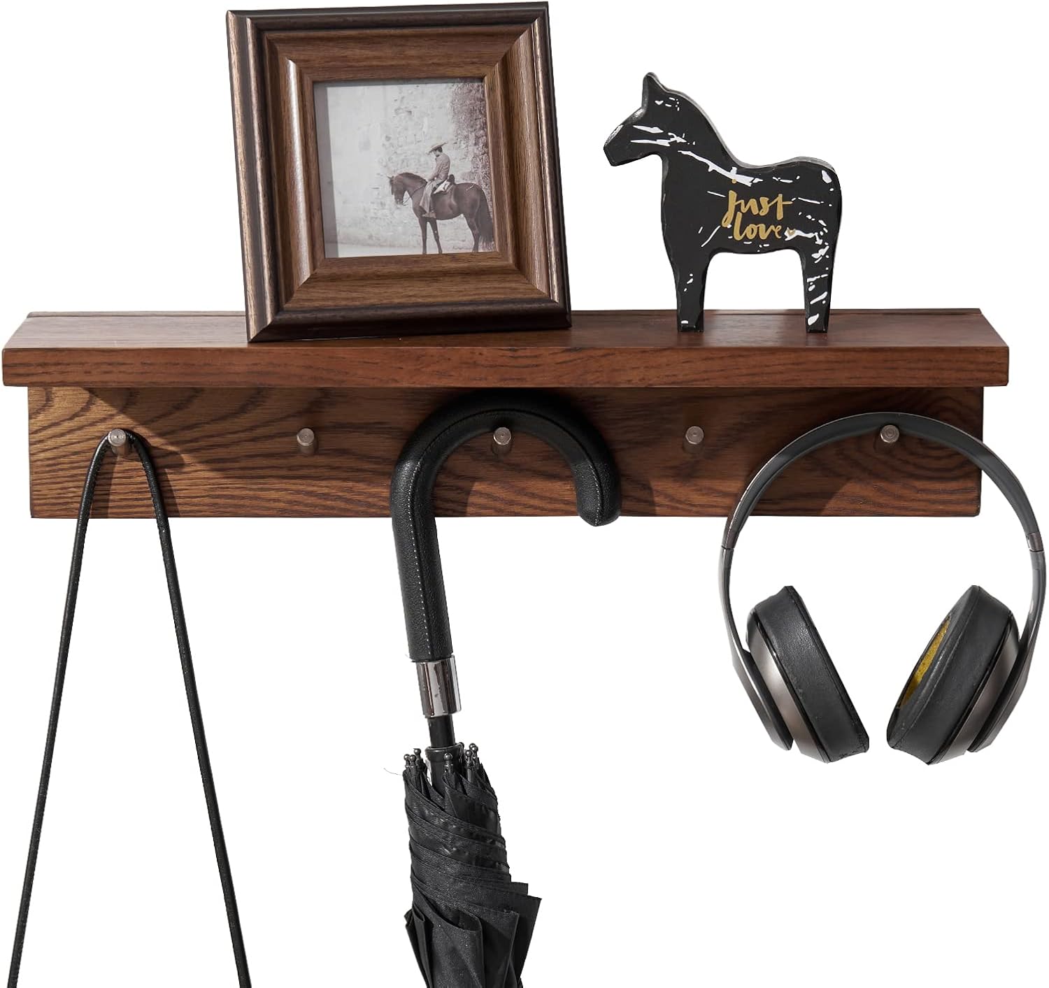 INMAN Coat Hooks Wall-Mounted with Shelves, 5 Vintage Metal Hooks, Storage Racks at The Entrance of The Village Wood, for Bathroom, Kitchen, Cloakroom (Walnut) Pack of 2