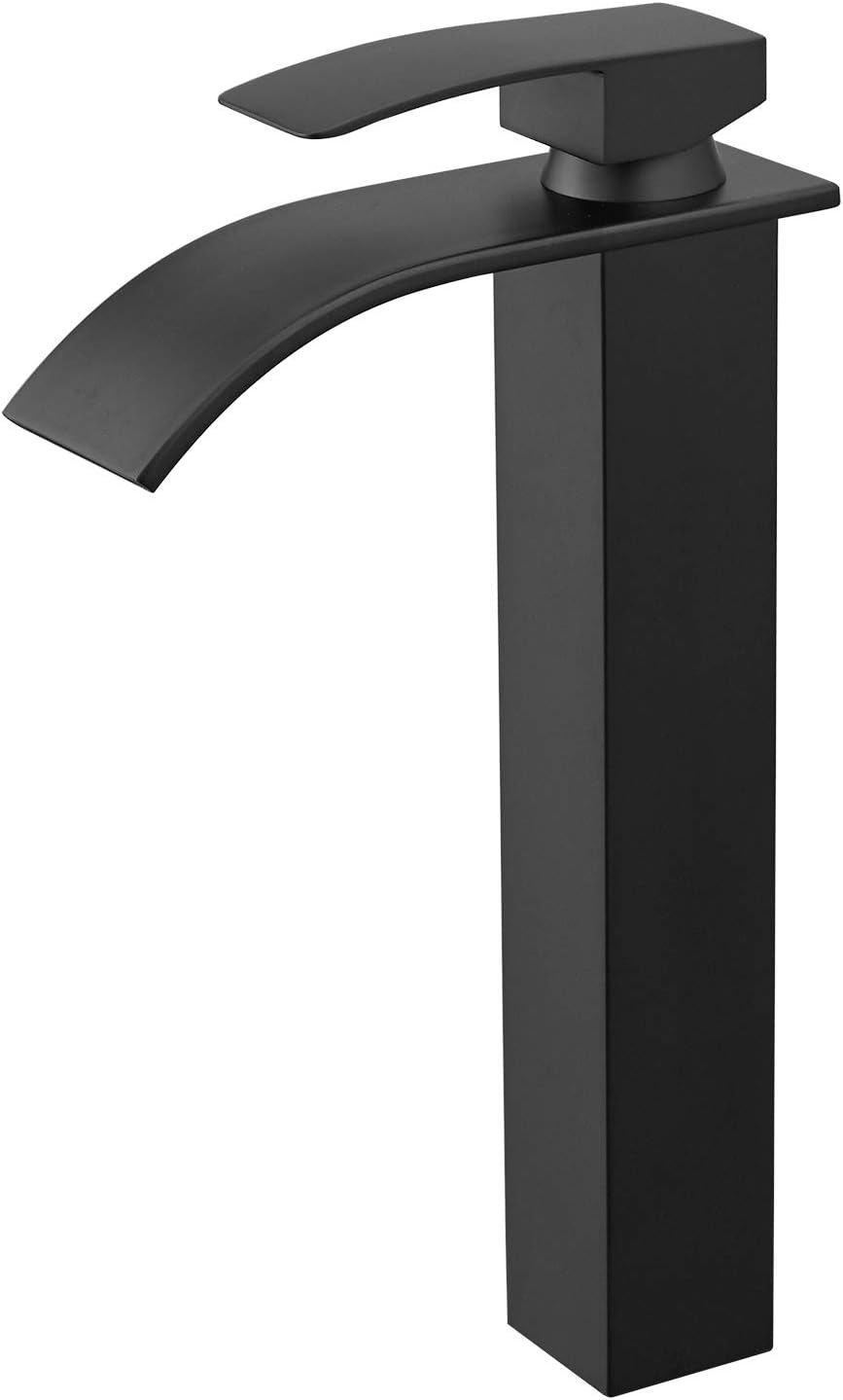 BESy Black Waterfall Spout Bathroom Faucet, Single Handle Bathroom Sink Faucet, Rv Lavatory Vessel Faucet with Deck Plate, Brass, Matte Black, 1 or 3 Hole