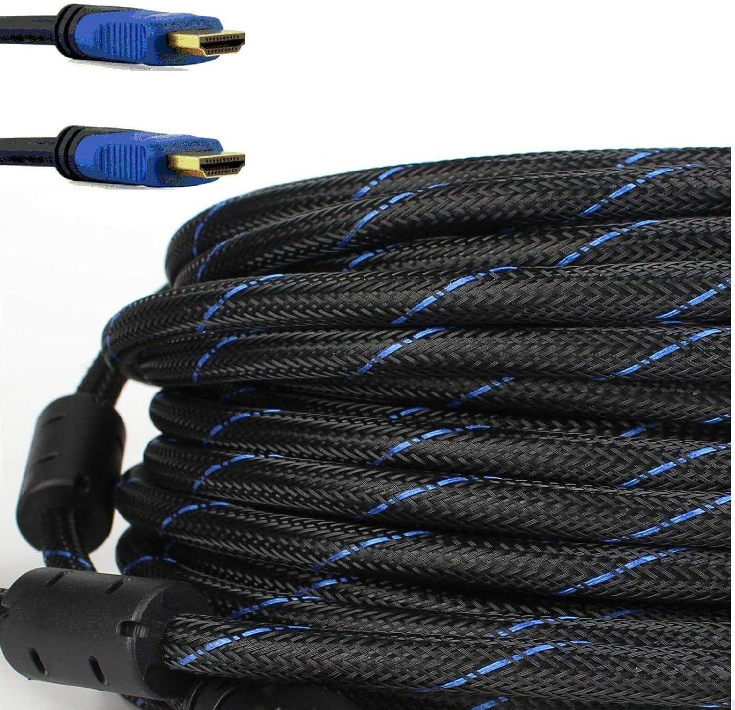 Premium Braided Nylon HDMI Cable Gold Series High Speed HDMI Cable with Ferrite Core for PS4, HD-DVR, Digital/Satellite Cable HDTV 1080P Blue (100 Feet) Pack of 2