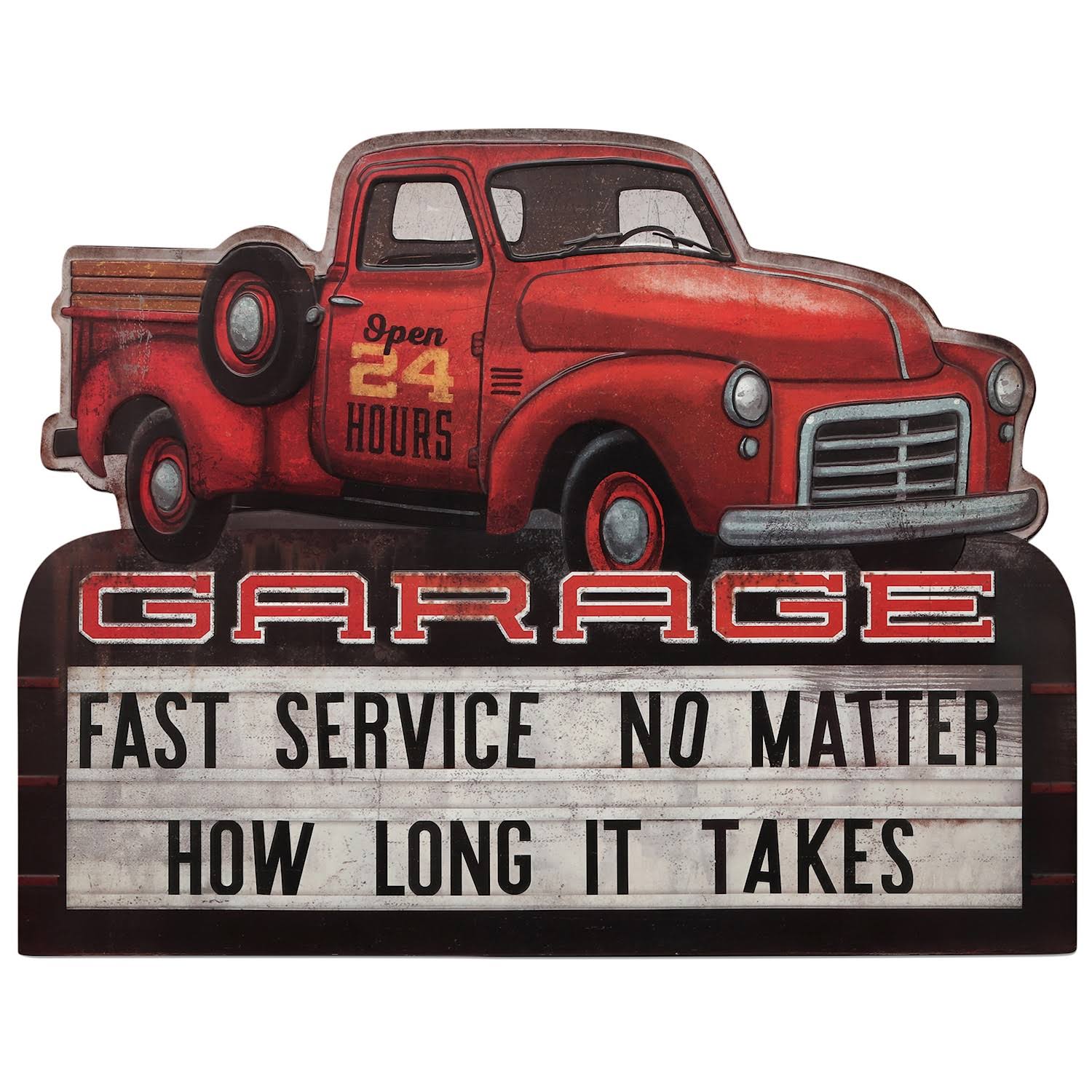 Open Road Brands Red Truck Garage Letter Board Embossed Tin Sign, Red/Black Embossed Tin