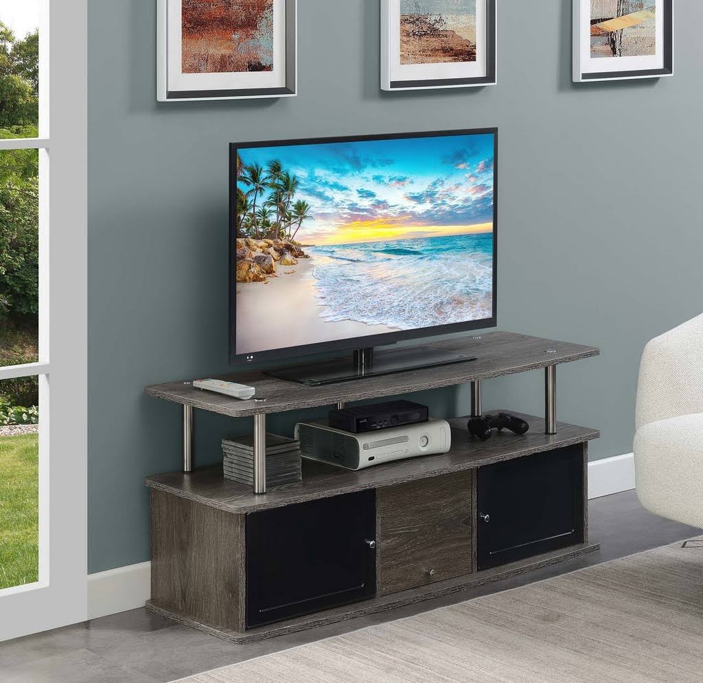 Designs2Go TV Stand with 3 Storage Cabinets and Shelf in Weathered Gray/Black - Convenience Concepts 151202WGY