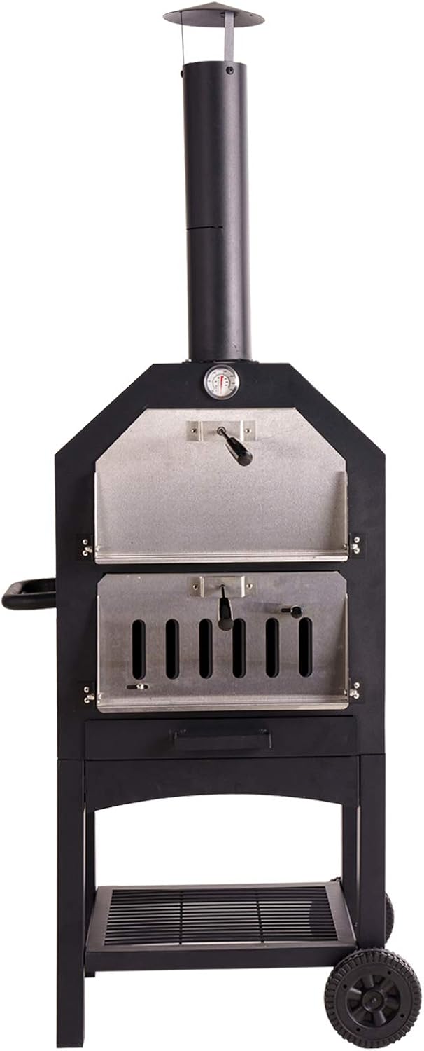 Jolydale Outdoor Pizza Oven Wood Fire with Grill Stone, Freestanding Metal Pizza Grill, Pizza Maker with Wheels, Thermometer and Pizza Peel, For Family Party, Barbecues and Camping, black