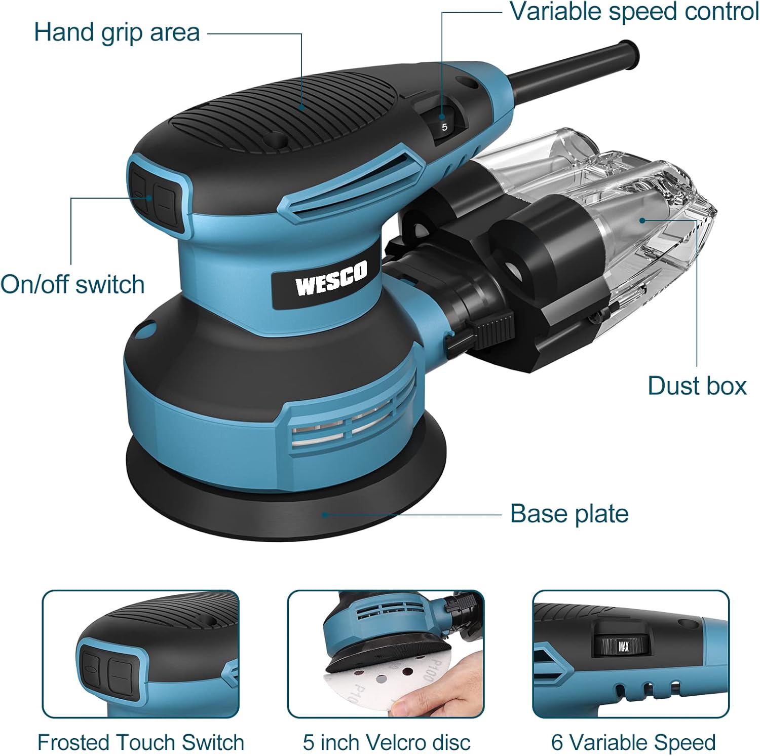 WESCO 5-Inch Random Orbital Sander with 12Pcs Sandpapers, 3.0A(350W) Orbital Sander, 13000 OPM 6 Variable Speeds Electric Sander, Vacuum Adapter, Cyclone Box, Efficient Dust Collection System