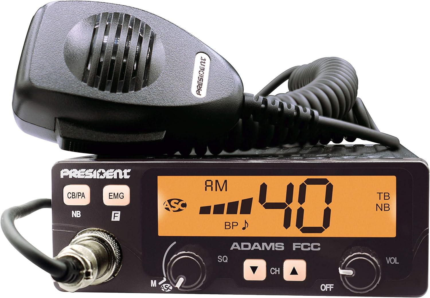 President Adams FCC CB Radio. Large LCD with 7 Colors, Programmable EMG Channel Shortcuts, Roger Beep and Key Beep, Electret or Dynamic Mic, ASC and Manual Squelch, Talkback
