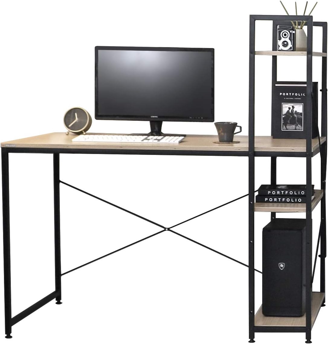 SOFSYS Alpha Series 55.1&rdquo; Computer Desk with Bookshelf Storage, All-in-One Workstation with Long Table Working Surface, Multi-Tiered Shelving for Home Office or Gaming, Oak/Black