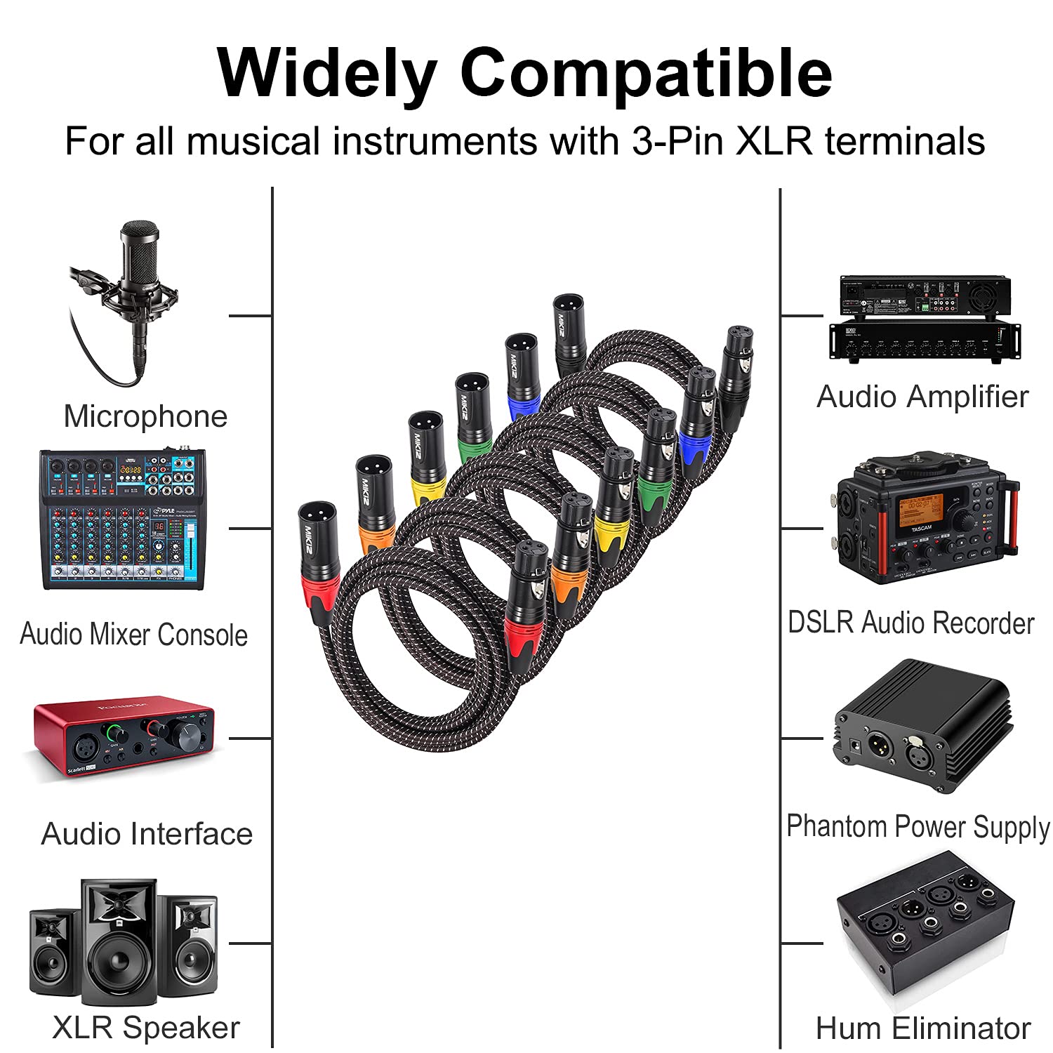 XLR Cables Braided 6ft 6 Packs - MIKIZ Premium 3 Pins Balanced XLR Male to Female Audio Cable Pack of 2
