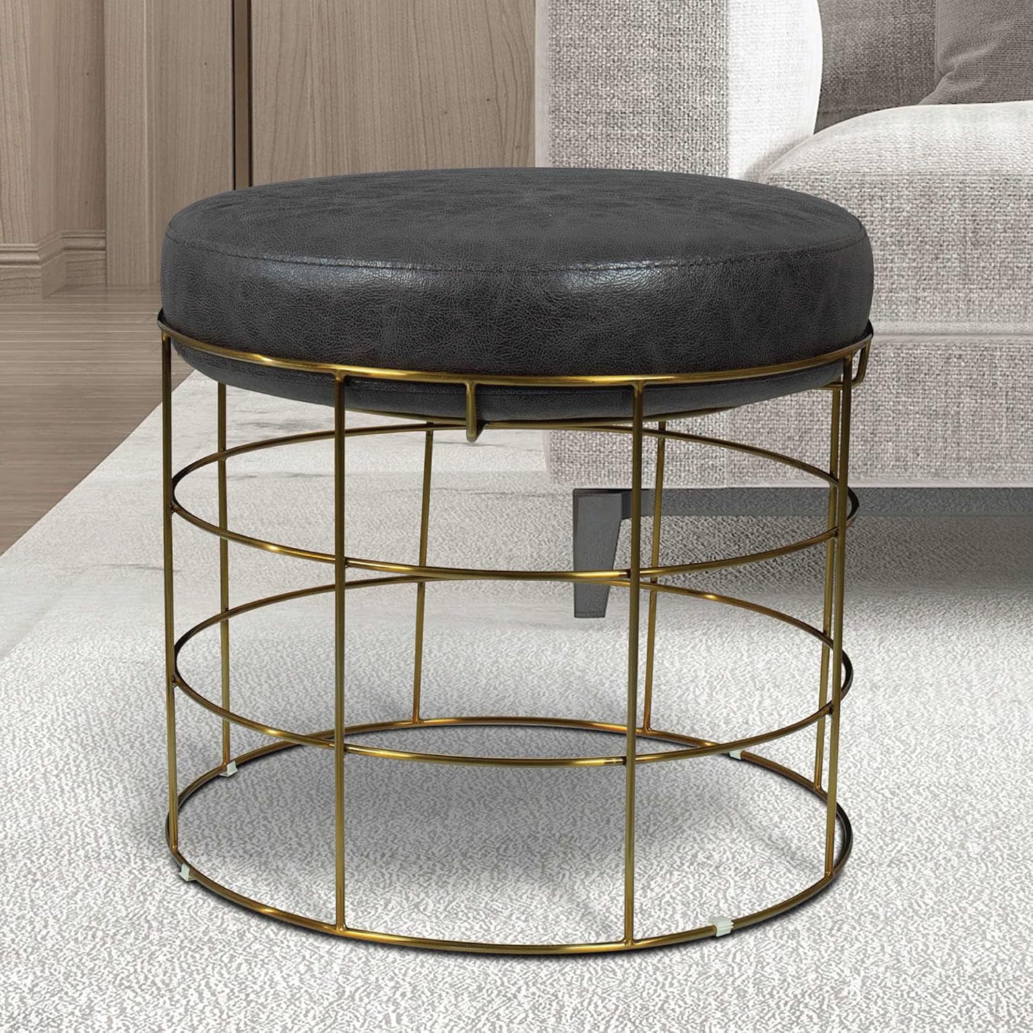 Modern Round Ottoman Footrest Stool - Luxurious Velvet Covered Seat w/Sturdy Gold Metal Base - No Assembly Required Accent Furniture Perfect for Use in Any Room - Pink Velvet Color