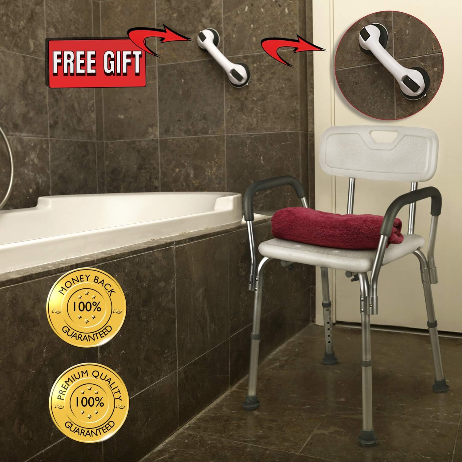 Dr. Maya Adjustable Shower Chair with Back and Arms - Free Suction Assist Grab Bar - Anti-Slip Bench - Bathtub Seat for Bathroom Safety