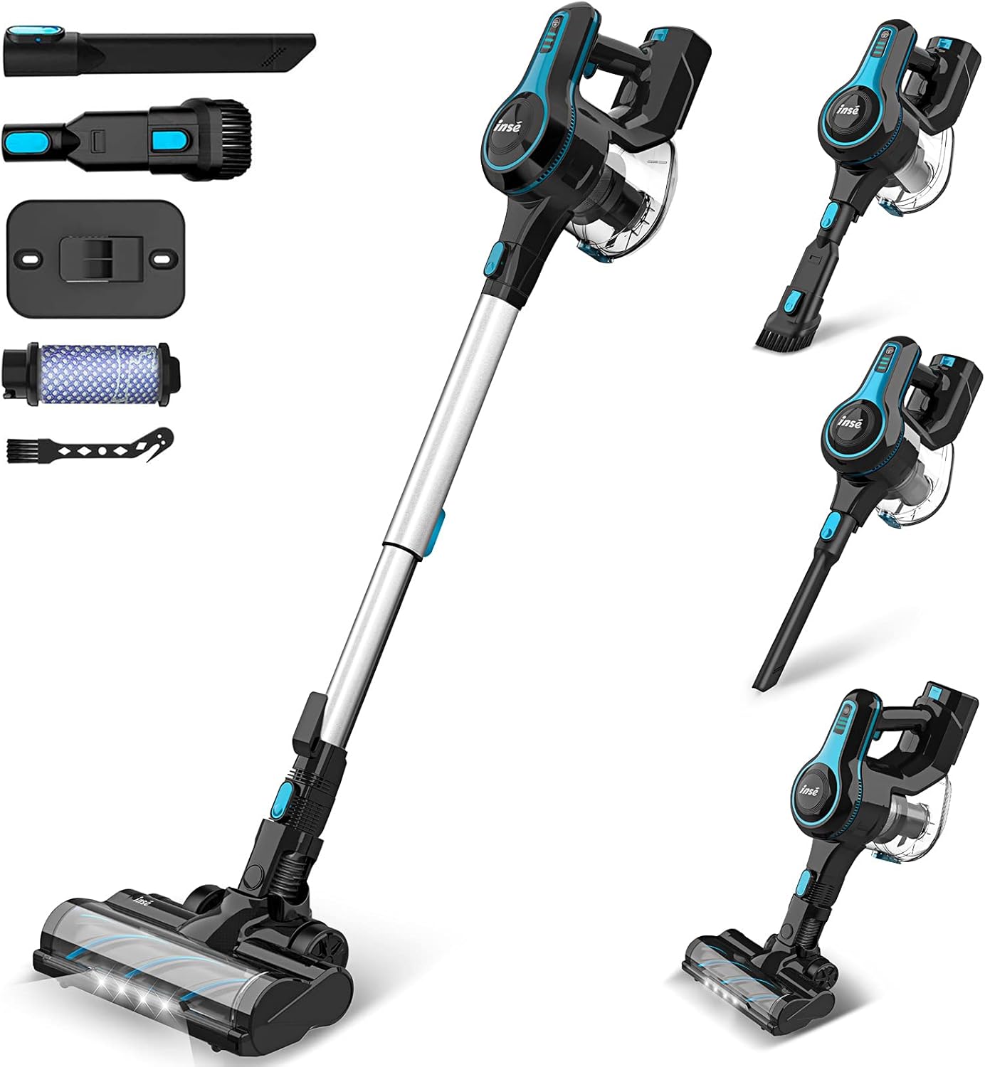 INSE Cordless Stick Vacuum Cleaner, 6-in-1 Rechargeable Vacuum Cordless with 2200mAh Battery, Powerful Lightweight Vacuum Cleaner, Up to 45 Mins Runtime, for Home Hard Floor Carpet Pet Hair- N5 Blue