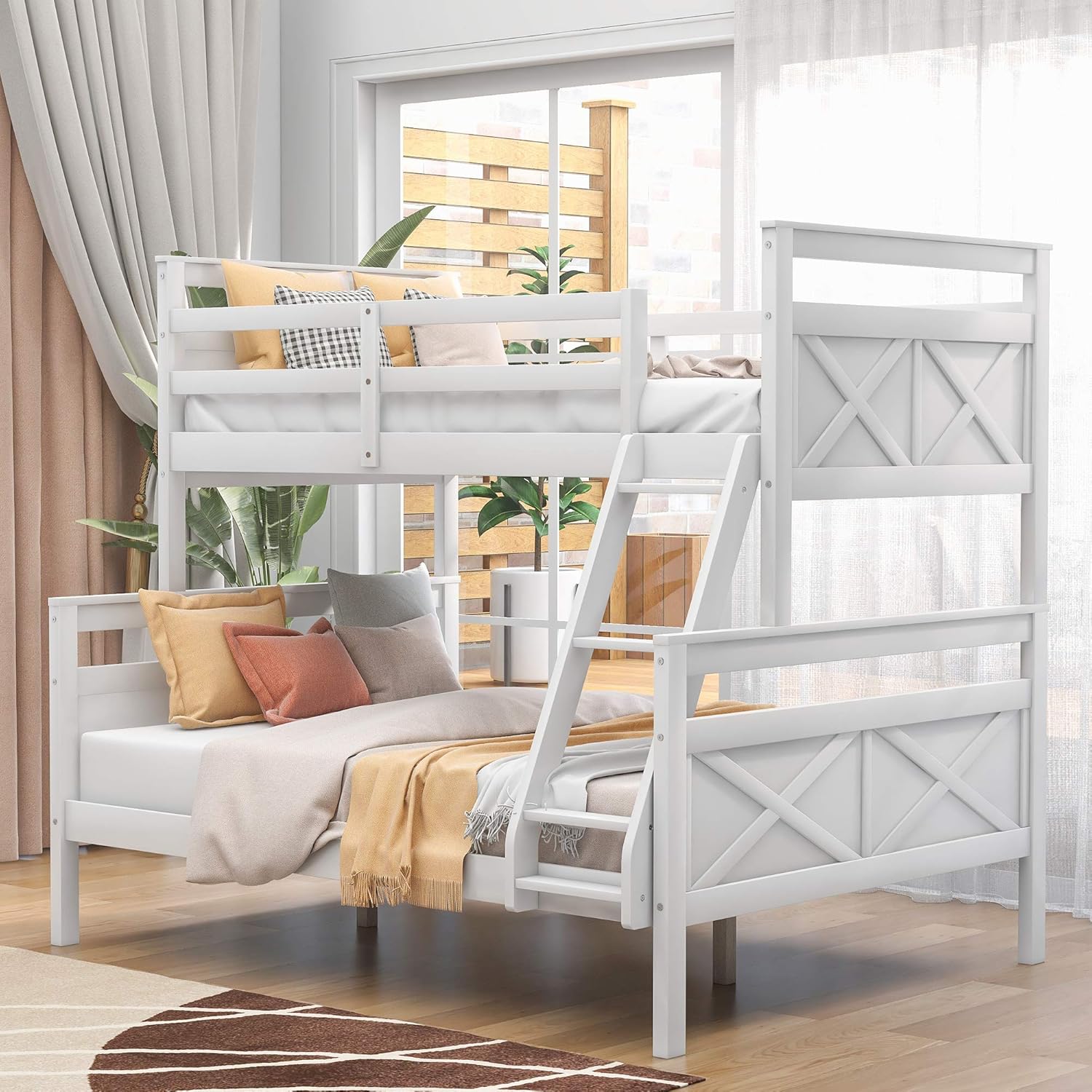 Actual Twin Over Full Bunk Beds with Inclined LadderGuardrail, Solid Wood Bed Frame with Strong Center Legs, Convertible to 2 Separated beds Perfect for Kids Bedroom (Gray), Grey