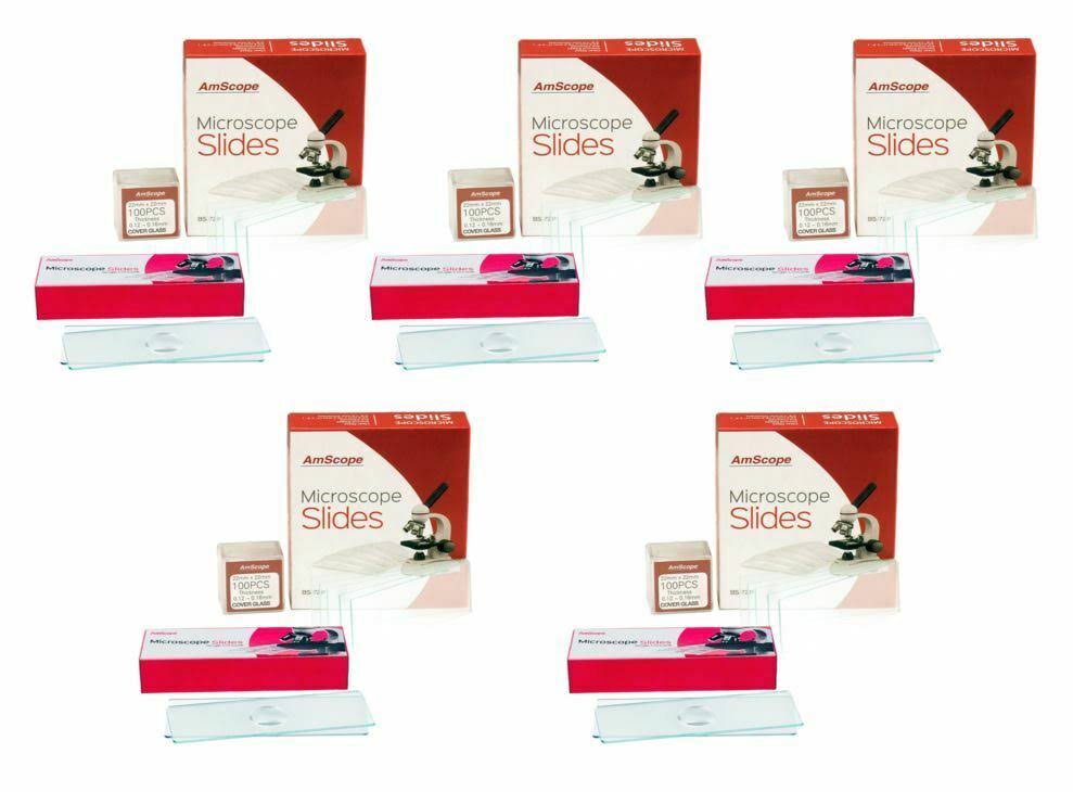 Amscope 5-Pack 50 Microscope Slides +5pk 12 Concave Slides +5pk 100 Coverslips