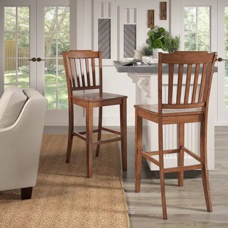 Weston Home Farmhouse Vintage Slat Back Solid Wood Bar Height Chair, Set of 2, Oak, Brown