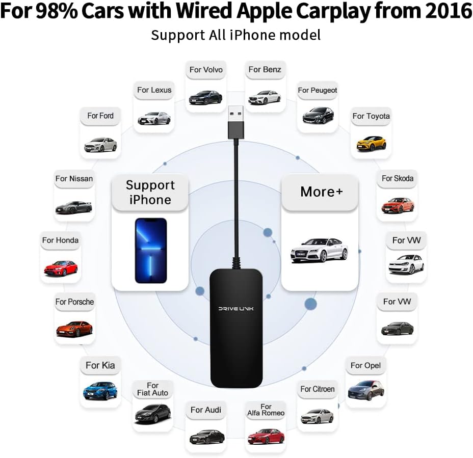 DriveLink 2.0 Wireless CarPlay Adapter for All Factory Wired CarPlay Cars Wireless CarPlay Dongle Convert Wired to Wireless CarPlay, Low Latency, Easy-to-Install, Plug & Play