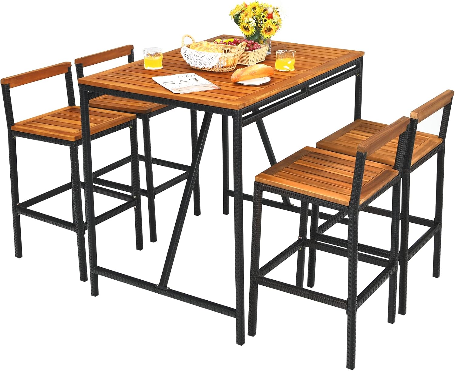 Tangkula 5-Piece Outdoor Acacia Wood Bar Table Set, Bar Height Outdoor and Rattan Dining Set, Rectangular Bar Table with Umbrella Hole and 4 Bar Stools for Patio, Garden and Backyard (Black)