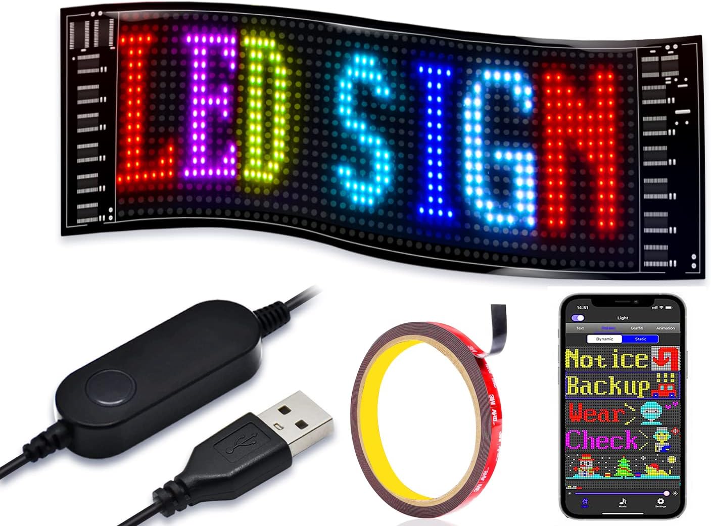 USB LED Color Sign, GOTUS Bluetooth Scrolling Message Board App Control Soft Flexible led Panel with 16 X 64 Pixels Car Sign Display for Home, Car, Store, Advertising(14.6''x3.6'') Pack of 2