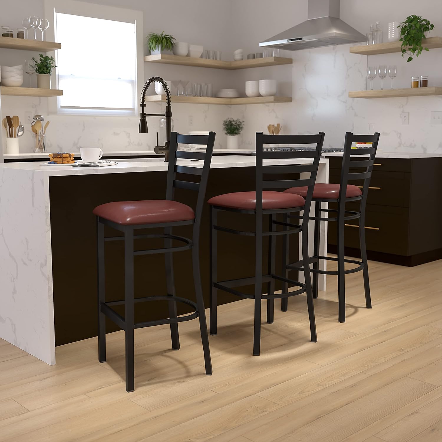 Flash Furniture HERCULES Series Black Ladder Back Metal Restaurant Barstool - Black Vinyl Seat