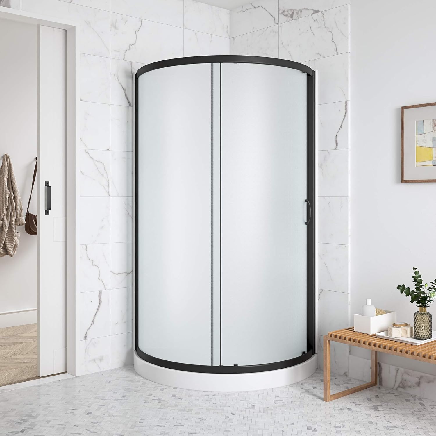 Ove Decors Breeze 32 in. Black Shower Kit Frosted Glass Panels, Walls and Base included