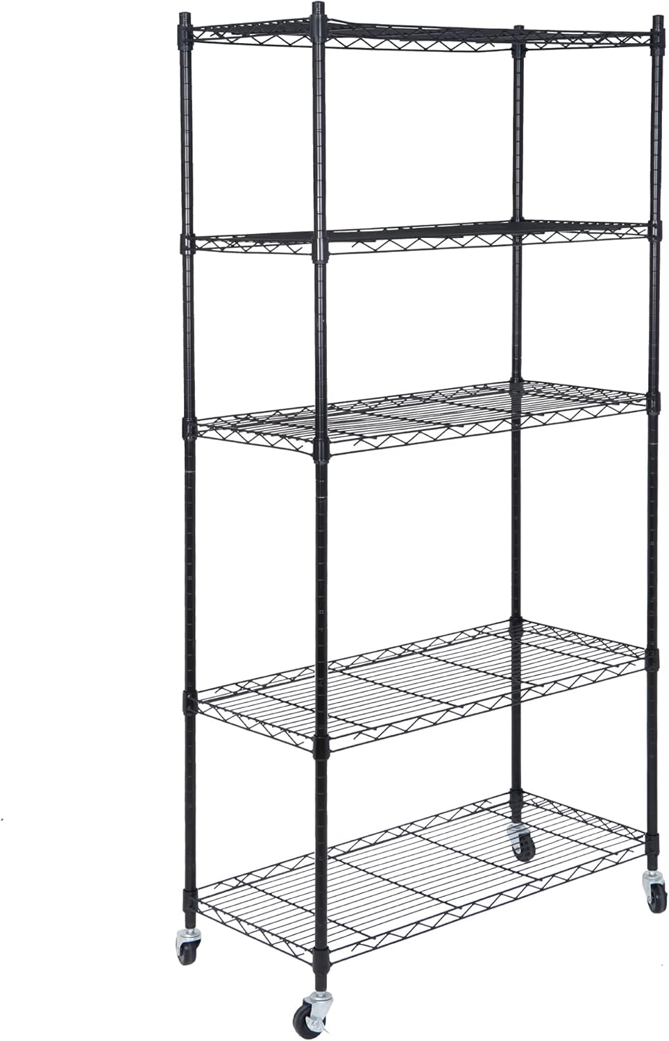 JupiterForce 5-Shelf Adjustable, Heavy Duty Storage Shelving Unit with 4 Wheel Casters, Metal Organizer Wire Rack for Kitchen, Office, Garage, Black (30L x 14W x 62H) Pack of 2