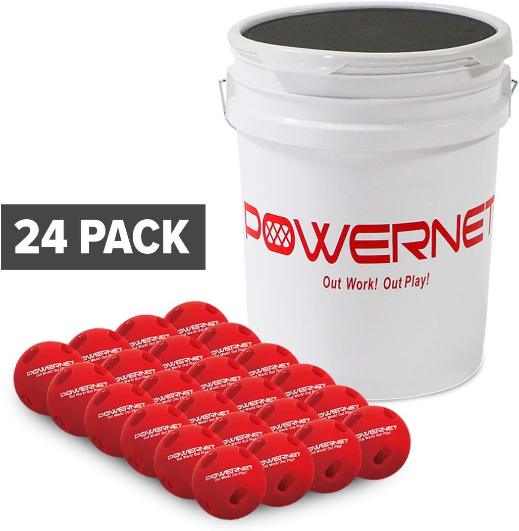 PowerNet Bucket with Cushioned Seat and Training Balls Bundle | (24) Crushers + Bucket | Perfect for Baseball or Softball Soft Toss, Batting, Fielding, Hitting or Practice