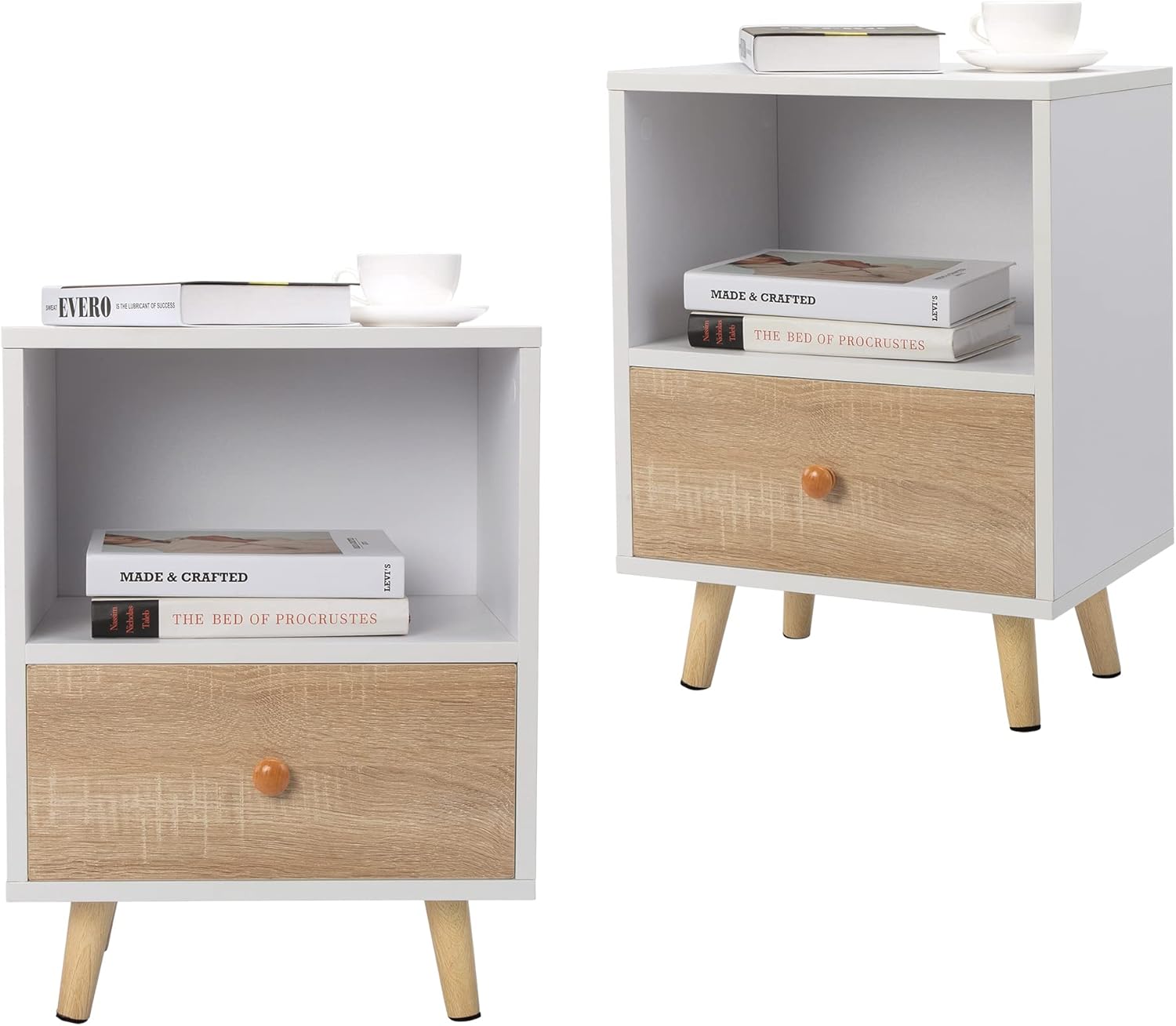 JAXPETY Set of 2 Modern Wood Nightstands with Drawer, Open Shelf and Solid Wood Legs, End Table for Living Room Bedroom Home(2-Pack, Black)