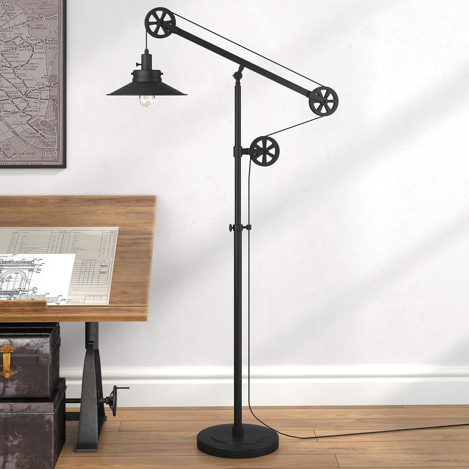 Henn&Hart Traditional Metal Wide Brim Floor Lamp with Pulley System in Blackened Bronze