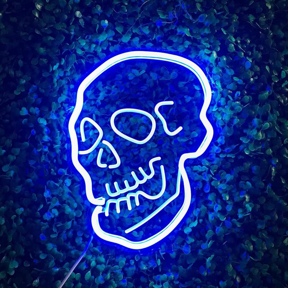 Skull Neon Sign for Bar, Man Cave, Halloween, Blue Neon Signs for Wall, Home Decor, Dimmable LED Neon Lights with Acrylic Base, By US-BDUN, 8x10 Inches Pack of 2