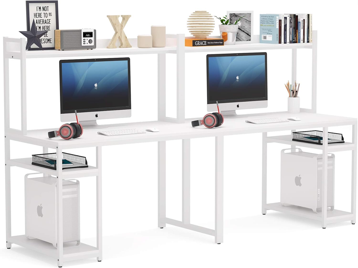 Tribesigns 94.5 inches Computer Desk with Hutch, Extra Long Two Person Desk with Storage Shelves, Double Workstation Office Desk Table Study Writing Desk for Home Office,Black