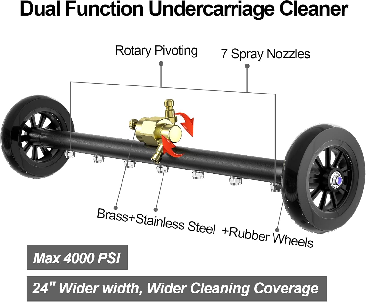 POHIR Pressure Washer Water Broom Pro Max 24 Inch Undercarriage Power Washer Attachment with 3pcs Extension Wand and Quick Connect Pivot Coupler Surface Cleaner 4000psi, 2 in 1 Underbody Car Washer Pack of 2