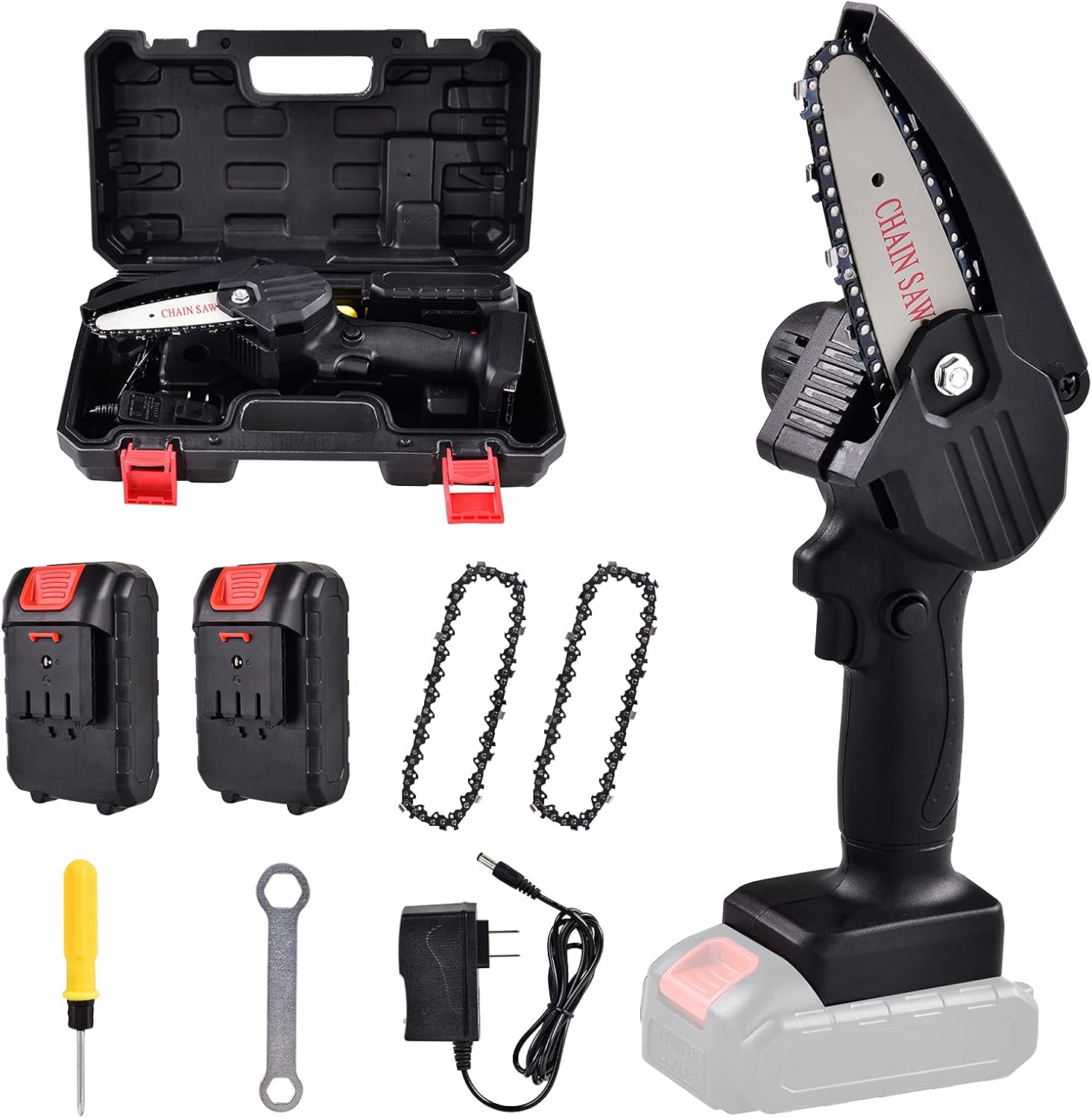 4-Inch Mini Chainsaw Cordless, 21V Electric Chainsaw with Rechargeble Battery, Lightweight Handheld Chainsaw for Wood Cutting, Courtyard, Garden (Black)