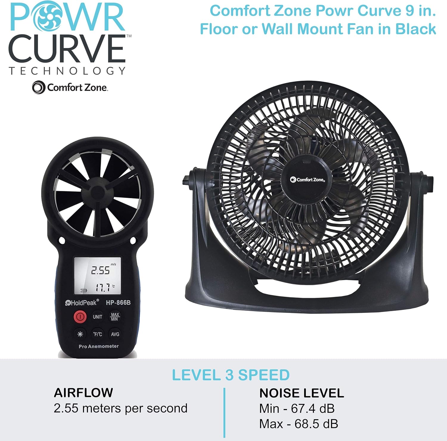 Comfort Zone PowrCurve CZHV101BS-EU Floor Fan 6-Blade, 3 Speed Control, 180-Degree Adjustable Tilt, Wall Mountable, 9-inch, Black