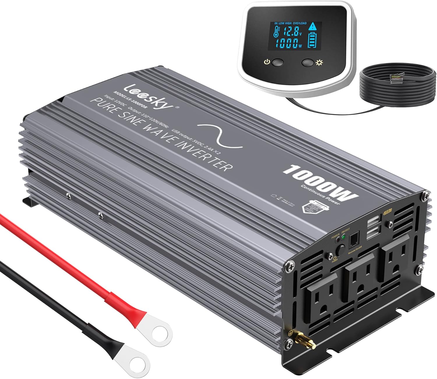 Pure Sine Wave 1000 Watt Power Inverter DC 12V to AC 110V 120V with 3 AC Sockets Dual 4.8A USB Ports & Digital LCD Display Remote Controller LEESKY