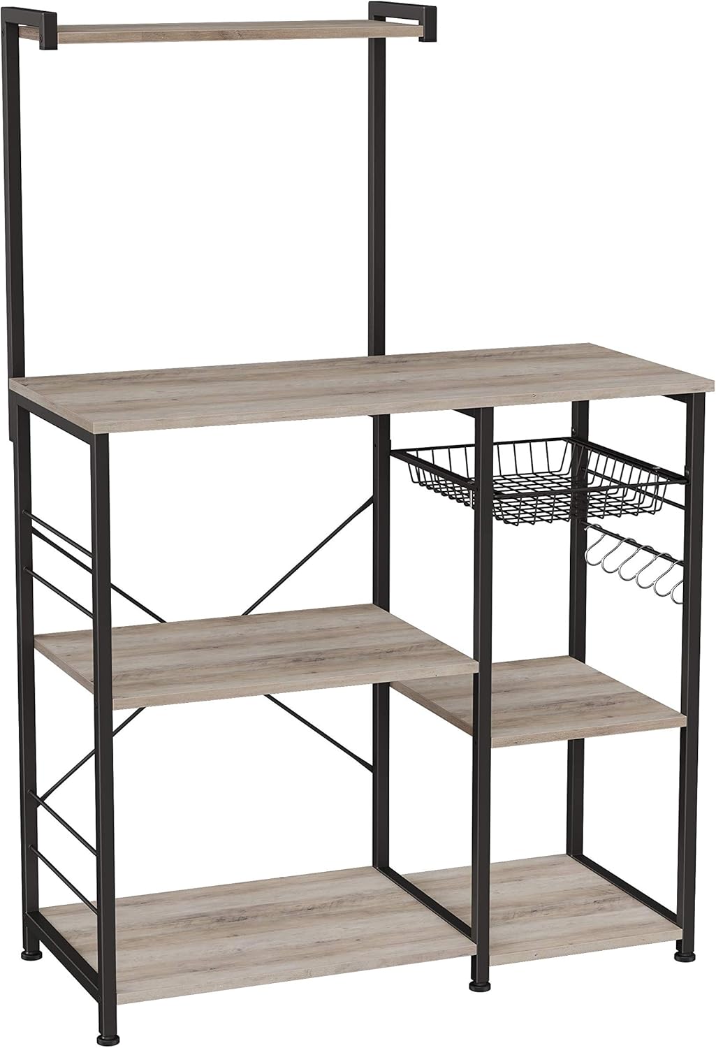 VASAGLE Baker’s Rack, Coffee Station, Microwave Oven Stand, Kitchen Shelf with Wire Basket, 6 S-Hooks, Utility Storage for Spices, Pots, and Pans, Rustic Brown and Black UKKS35X