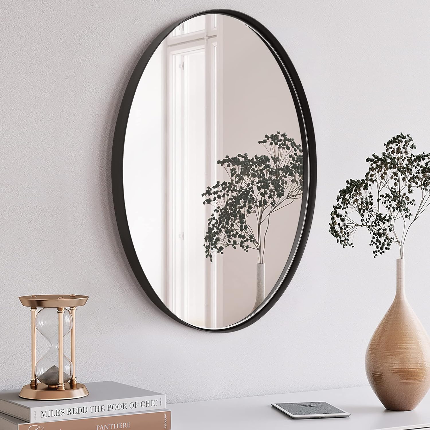 Clavie Oval Wall Mirror, Bathroom Mirror of Stainless Steel Frame, Wall Mounted 22 Inch x 30 Inch Black Oval Mirror for Vanity Living Room Entryway Bedroom More