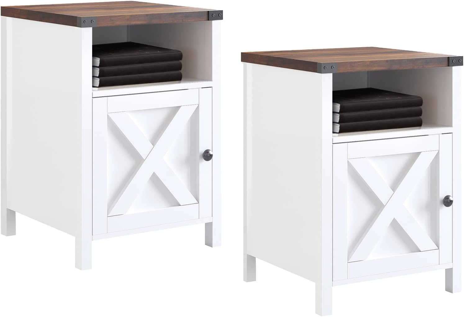 Farmhouse Nightstands with Storage Space, Industrial End Table Set for Bedroom, Rustic Night Stand, Living Room Modern Accent Table, Wood Bed Side Table with Shelf and Barn Door, Set of 2, White